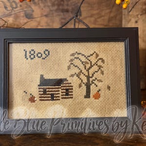 Primitive Fall Framed Cross Stitch: Hand Made Log Cabin 7x5