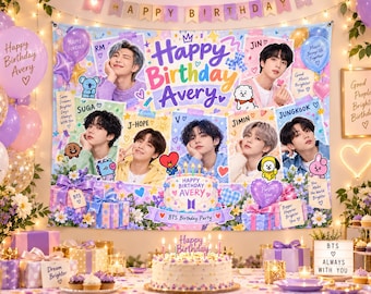 May include: A large rectangular birthday banner featuring photos of seven individuals, the text Happy Birthday Avery, and colorful illustrations of gifts, flowers, and cartoon characters. The banner is surrounded by purple and pink balloons.