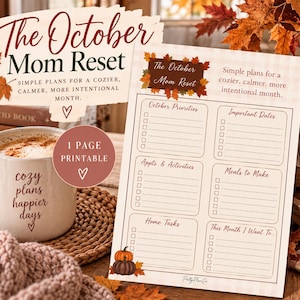 Può includere: Un planner stampabile di una pagina intitolato The October Mom Reset con sezioni per priorità, date importanti, appuntamenti, pasti, faccende domestiche e obiettivi, decorato con grafiche di foglie autunnali e zucche.