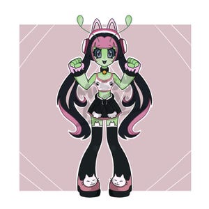 May include: A digital illustration of a green-skinned character with long black hair, pink highlights, and cat-ear headphones. The character wears a white crop top with paw prints, a black pleated skirt, and black leg warmers with white cat faces.
