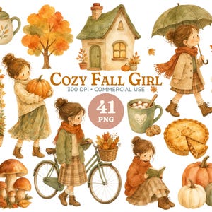 May include: A digital collection of watercolor illustrations featuring a girl in autumn clothing, a cottage, pumpkins, a bicycle, a teapot, a mug, mushrooms, and a lantern. The text reads COZY FALL GIRL 300 DPI COMMERCIAL USE 41 PNG.