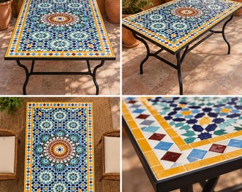 Marokkaanse mozaïektafel 110 x 70 cm, handgemaakte Zellige-tafel, rechthoekige tegeltafel, Marokkaanse terrastafel, tuintafel, Marokkaanse decoratie