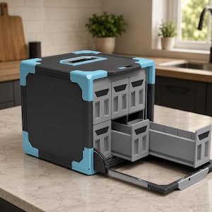 May include: A black and light blue storage organizer cube featuring a top handle and six grey drawers. One drawer is partially extended outward, revealing its interior compartment. The unit has reinforced corner accents and a modular design.