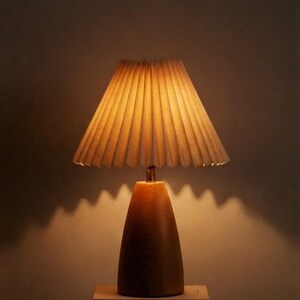 Japandi Origami Fold Luminaire, Ivory Accordion Hood, Oak-Tone Stand