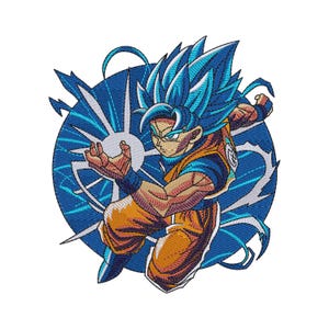 May include: An embroidered patch featuring a spiky-haired character with blue hair in a dynamic pose, wearing an orange and blue outfit. The character is surrounded by a circular blue background with white energy bursts and a glowing white sphere.
