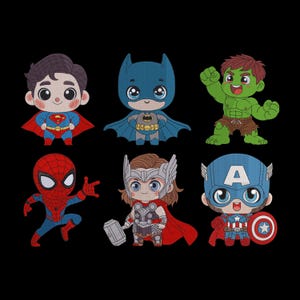 May include: An embroidery design featuring six chibi-style superheroes arranged in two rows. The characters include Superman, Batman, Hulk, Spider-Man, Thor with a hammer, and Captain America with a shield, all on a black background.