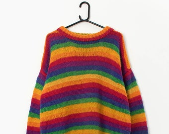 Vintage bright rainbow knitted wool jumper - Large / XL