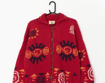 Pachamama red handmade knitted cardigan with abstract designs - Large