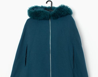 Vintage wool cape in teal with sheepskin trim hood - One size