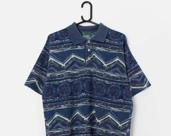 Gemustertes Vintage-Poloshirt in Blau – Mittel/Groß