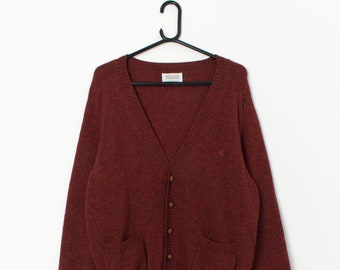 Vintage United Colours Of Benetton men's wool cardigan in wine red  - Small
