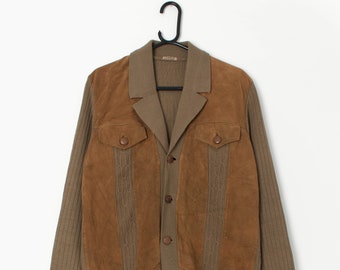 Vintage suede panel sweater in light brown with leather buttons, circa 1950 - Small / Medium