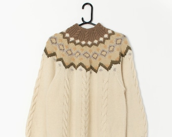 Vintage St Michael knitted wool jumper in beige with patterned yoke - Medium