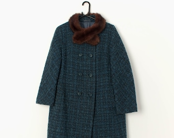 Vintage wool coat in blue tweed with brown fur collar - Medium