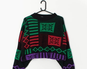 80s vintage cropped jumper with bright abstract design. Made in England - Medium