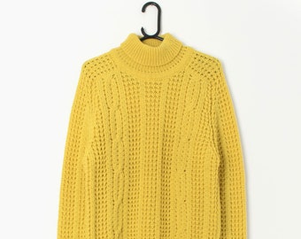 60s yellow waffle knit jumper by Round Tower. Hand knitted in Ireland - Small / Medium