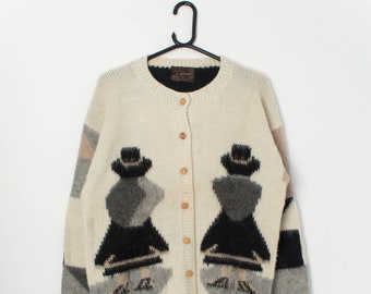 Vintage alpaca wool cardigan with abstract pattern and characters - Large