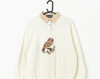 Vintage collared sweatshirt with embroidered owl in cream and brown - Large