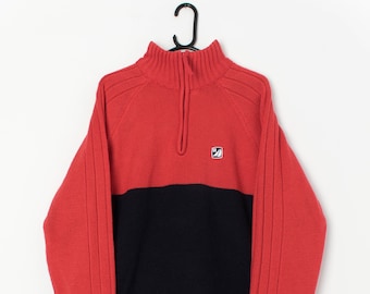 Vintage knitted quarter zip ski jumper in red and black - XL