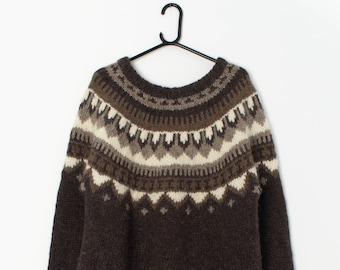 Vintage mens Icelandic sweater in brown and cream, handknitted - XL