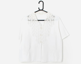 Vintage white blouse with pretty lace front - Large