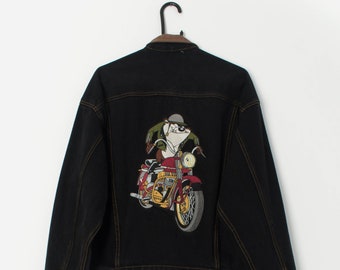 Vintage Acme Clothing denim jacket with embroidered Tasmanian Devil and leather collar - Large