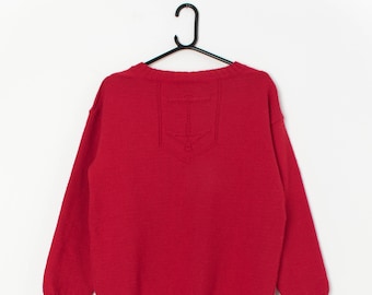 Vintage cherry red knitted jumper with anchor design - Medium