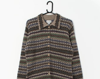Vintage Fair Isle wool cardigan with geometric design - Medium / Large