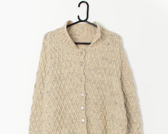 Vintage cream marl cardigan, hand-knitted with collar - Large
