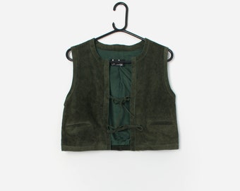 gilet en daim vert forêt vintage avec poches - XS / Small