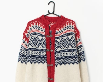 Vintage Scandi cardigan hand knitted in red, blue and white. Nordic style cardigan - Medium