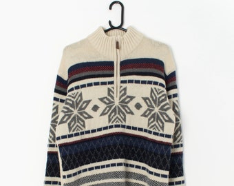 Vintage quarter zip knitted jumper with snowflake design - Medium / Large