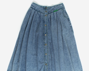 Vintage button through denim skirt with green piping - Small / Medium