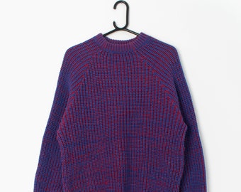 Pull tricoté bleu et rouge des années 80. Fabriqué au Royaume-Uni – Petit/Moyen