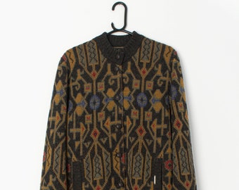 80s knitted patterned jacket with Aztec style design in grey and mustard yellow - Large