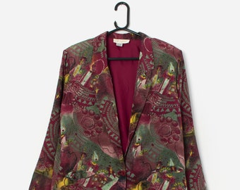 Vintage silk jacket with burgundy red and green abstract design - Medium / Large