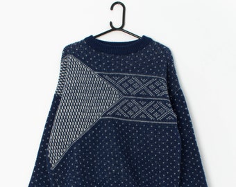 Vintage Norlaender blue sweater with geometric design - Large