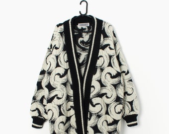 Vintage black and white wool cardigan with abstract swirl design - Large / XL