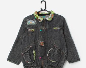 Vintage grey denim jacket with colourful patches - XS