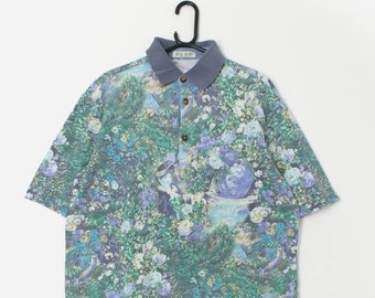Vintage pale blue floral polo shirt - Medium / Large