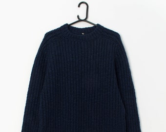 Vintage men's chunky navy blue knitted jumper - Small / Medium