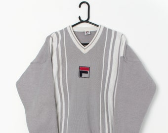 Vintage Fila grey jumper with striped design and central logo - Large