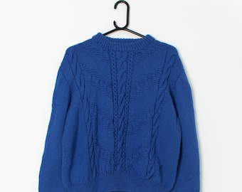 Vintage handknitted electric blue cable knit jumper - Medium