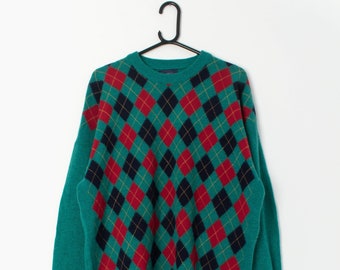 pull vintage The Sweater Shop avec motif arlequin en vert et rouge - Large