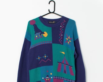 Vintage knitted cotton jumper with funky colourful circus theme by Tulchan - Medium