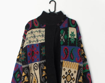 80s vintage mohair cardigan coat in black with a loud abstract, paisley design - Large / XL