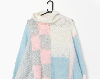 Vintage hand-knitted oversize jumper in pastel colours, oversized - Small