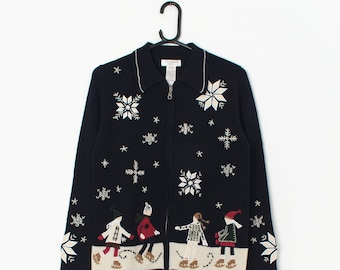 Vintage Christmas lambswool cardigan with appliqué ice skaters and snowflakes - Small