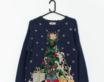 Vintage dog Christmas jumper with beaded Christmas tree - Medium