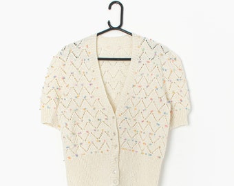Vintage hand knitted cardigan in cream with pastel bobbles, cute knitwear - Medium / Large